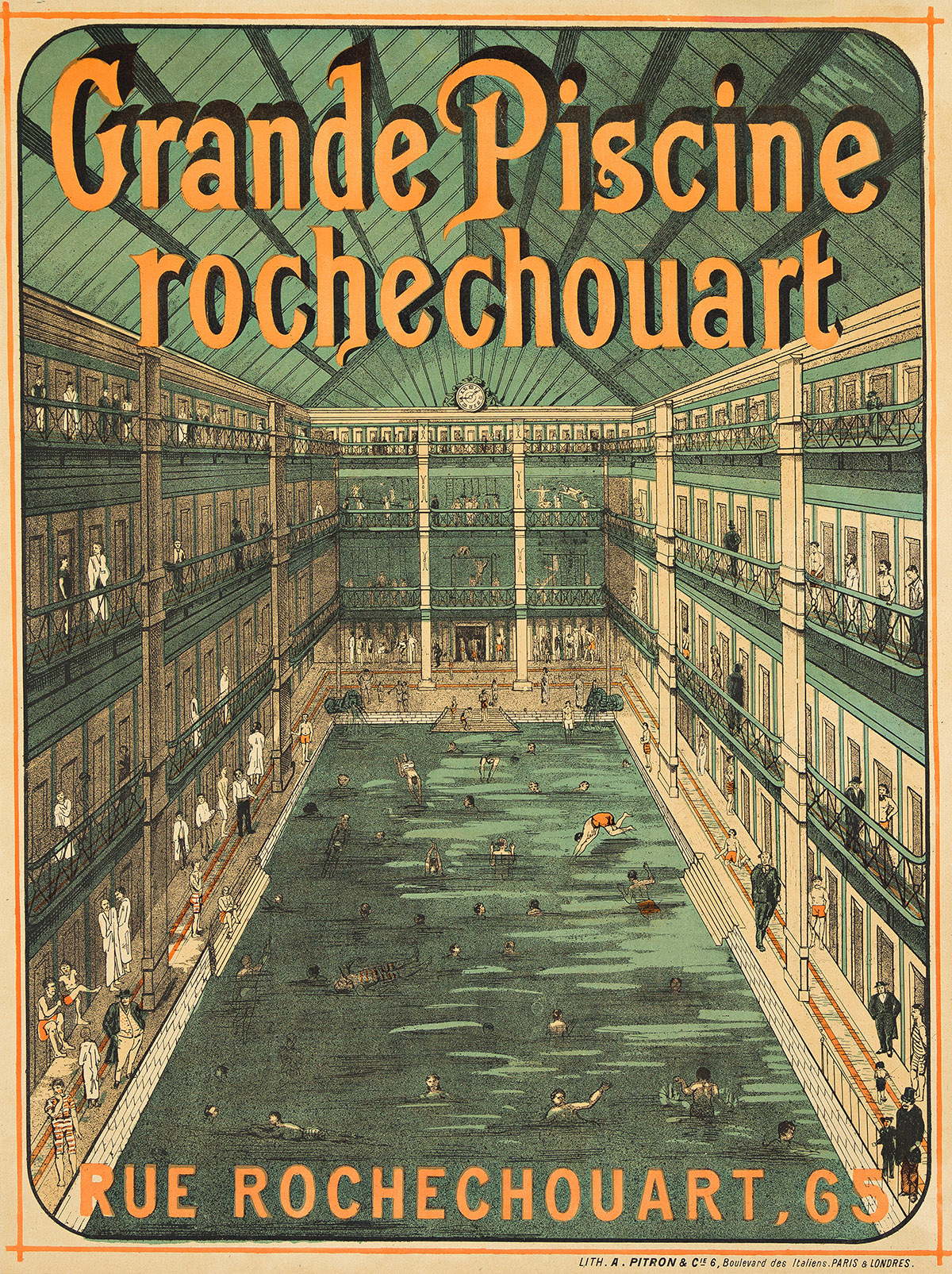 DESIGNER UNKNOWN. GRANDE PISCINE ROCHECHOUART. Circa 1886. 31½x23½ inches, 80x59¾ cm. A. Pitron & Co., Paris.